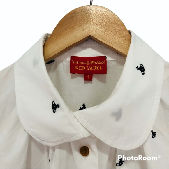 VIVIENNE WESTWOOD • RARE ORB LOGO EMBROIDERED COTTON ROUND COLLAR BLOUSE - Picture 5 of 11